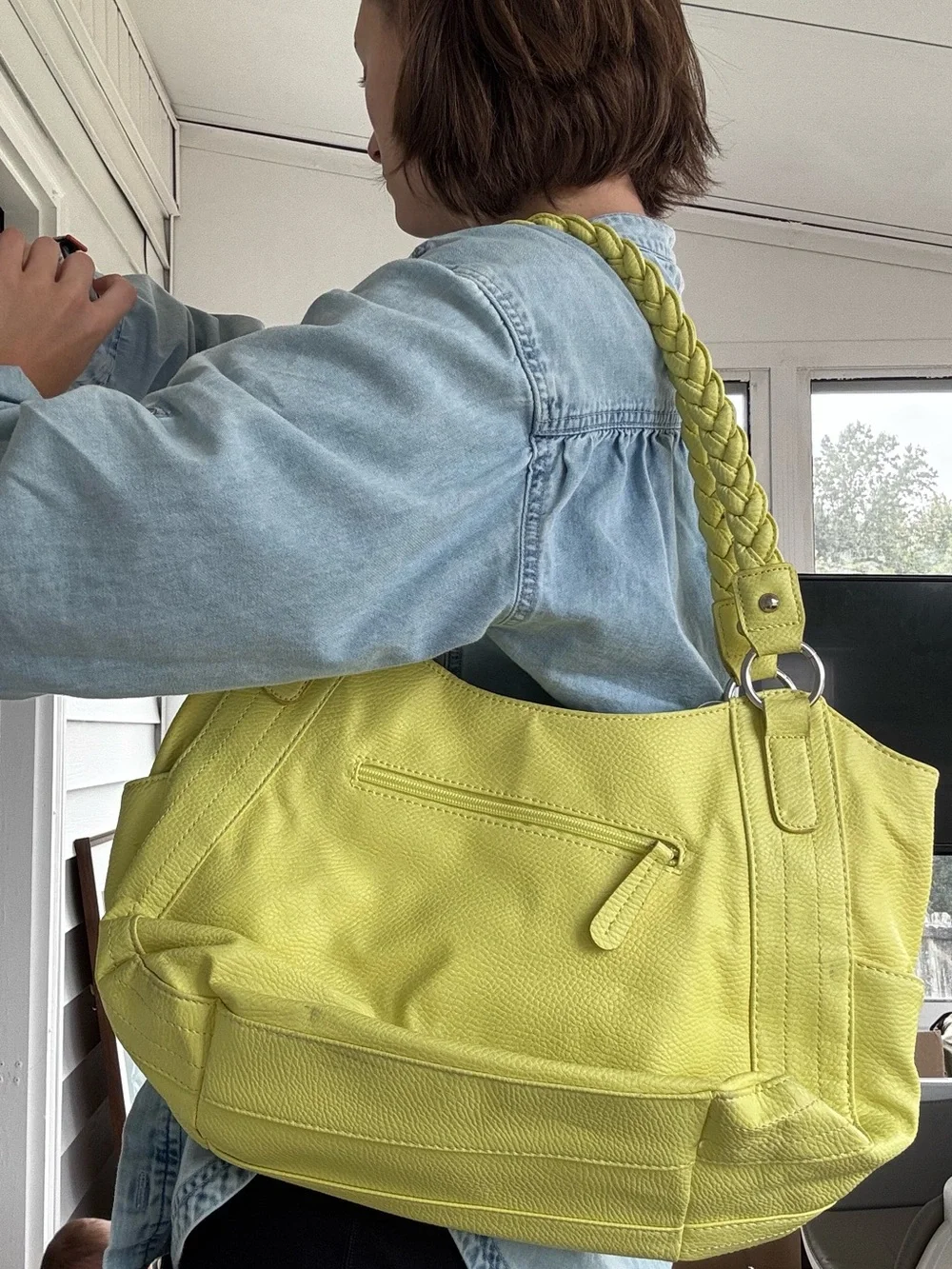 Braided-Handle Shoulder Bag in Chartreuse